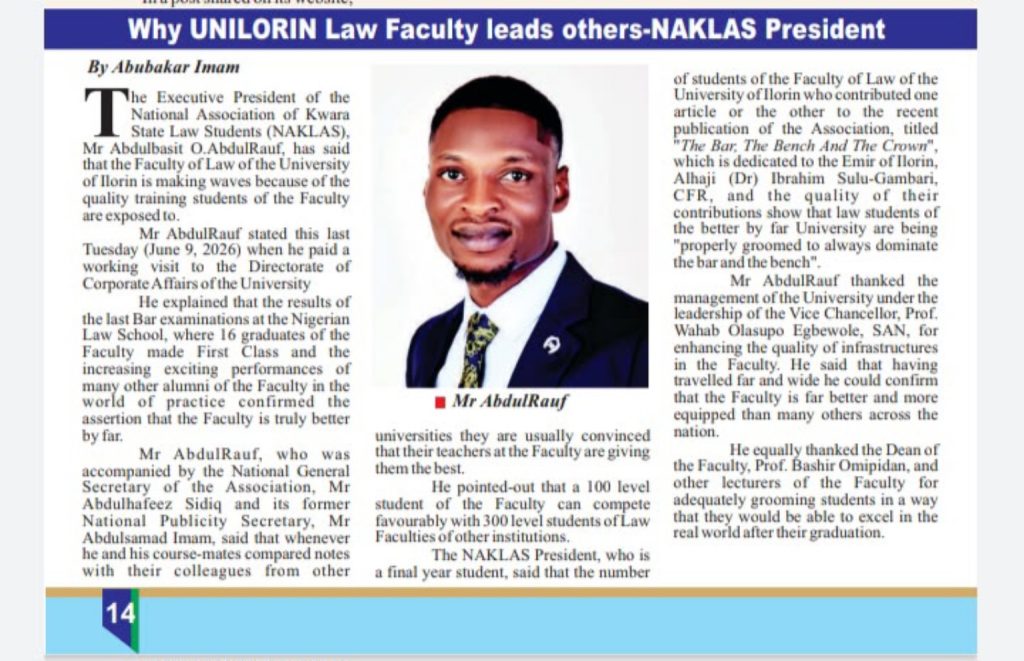 NAKLAS President Explains Why UNILORIN Law Faculty Remains a Leading Force in Legal Education